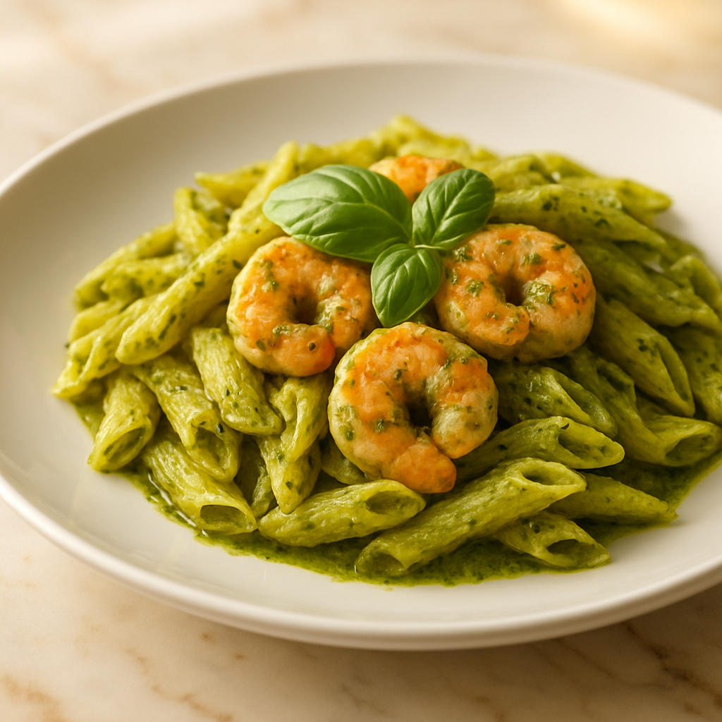 Penne aux crevettes, sauce pesto